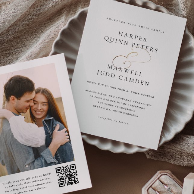 Invitation Simple Élégant Photo Mariage (Elegant Typography Black and White with Gold Photo Wedding Invitation with QR code.)