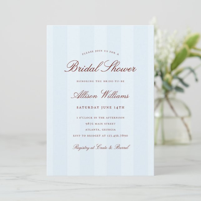 Invitation Simple Élégant Réception de Mariage à Rayures Bleu (Debout devant)