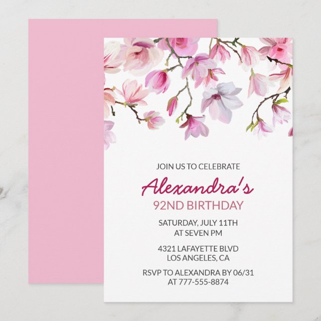 Invitation Simple Élégant Rose Bohème Aquarelle 92e anniversa (Devant / Derrière)