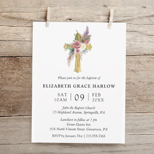 Invitation Simple Elégant Rose Boho Floral Cross Baptism