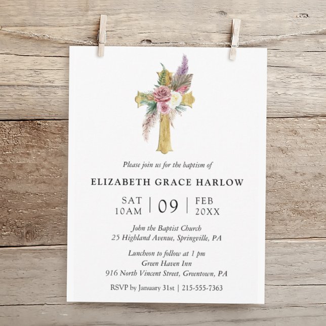 Invitation Simple Elégant Rose Boho Floral Cross Baptism (Créateur téléchargé)