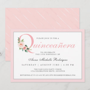 Invitation Simple Élégant Rose Floral Quinceanera Anniversair
