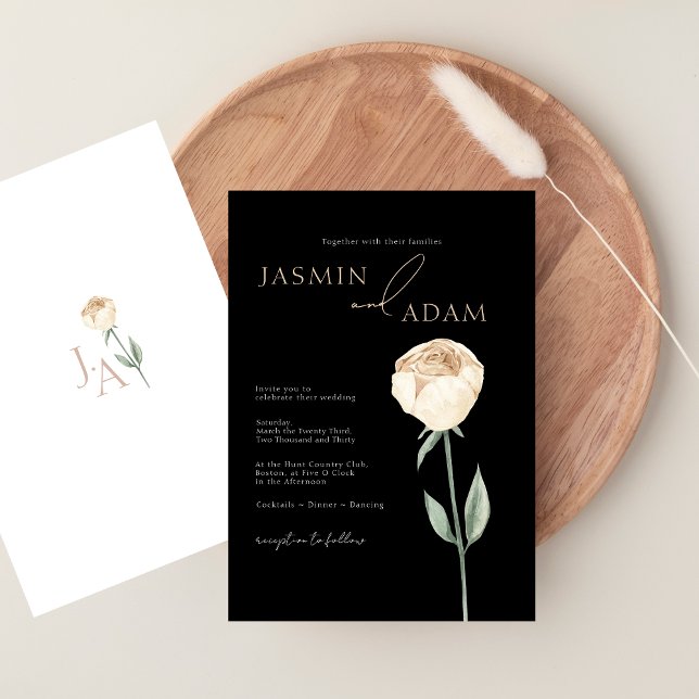 Invitation Simple Elegant Rose noir blanc Mariage floral (Simple Elegant Black White Rose Floral Wedding Invitation)