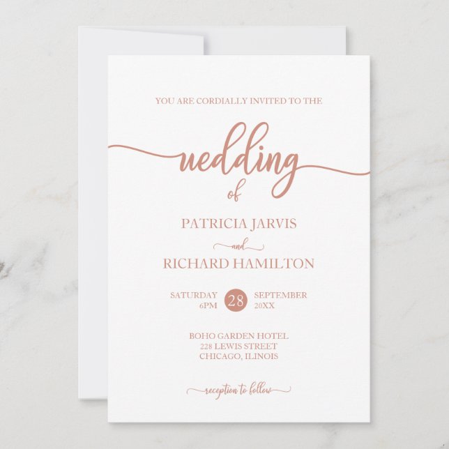 Invitation Simple Élégant Rose Or Calligraphie Mariage (Devant)