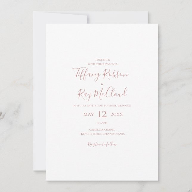 Invitation Simple Elegant Rose Or tout en un Mariage (Devant)