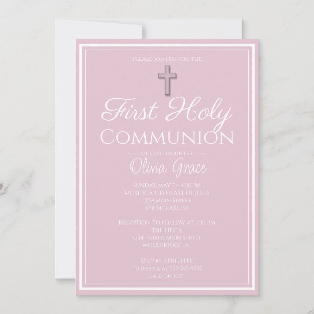 Invitation Simple Élégant Rose Première Communion Sainte (Devant)