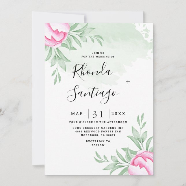 Invitation Simple Elegant Rose Verdure Minimal Mariage or (Devant)