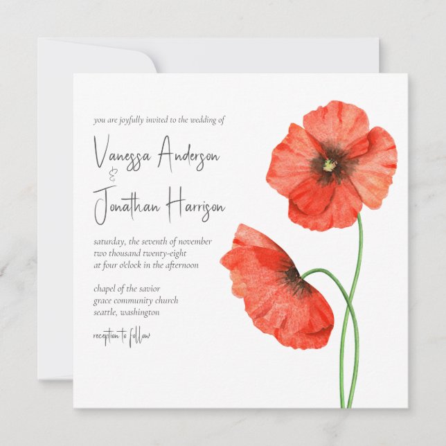 Invitation Simple Élégant Rouge Poppy Floral élégant Script (Devant)