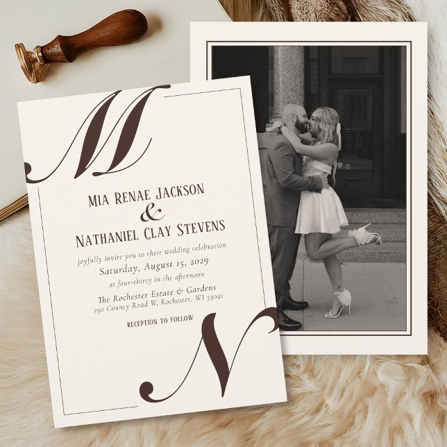Invitation Simple Élégant Script Ivoire & Marron Photo Mariag (Elegant modern simple ivory and mocha brown script typography initials classic photo wedding invite )