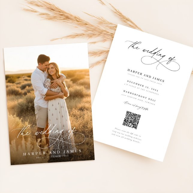 Invitation Simple Elegant Script QR Code Photo Budget Wedding (Créateur téléchargé)