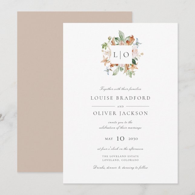 Invitation Simple Élégant Taupe Monogramme Aquarelle Mariage (Devant / Derrière)