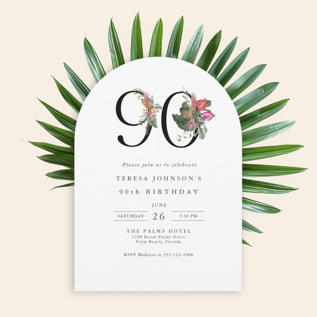 Invitation Simple Élégant Tropical 90e Anniversaire (Available in both printed and instant download digital formats.)