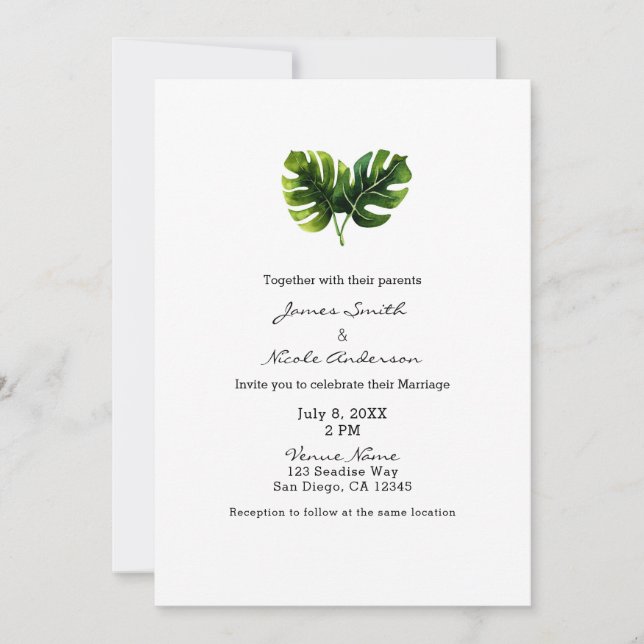 Invitation Simple Elegant Tropical Palm Feuille Mariage chic (Devant)