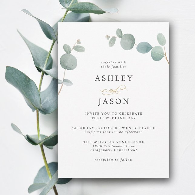 Invitation Simple Elégant Verdure Eucalyptus Mariage Feuille (This simple eucalyptus leaves wedding invitation is perfect for weddings in any season of the year.
)