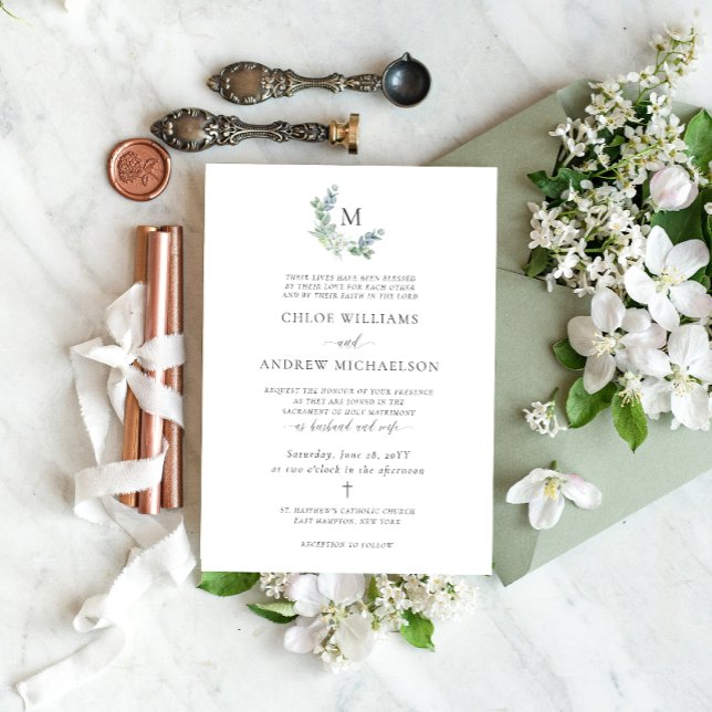 Invitation Simple Elégant Vert Mariage catholique (Catholic wedding invitation with monogram framed by eucalyptus greenery and white flowers.)