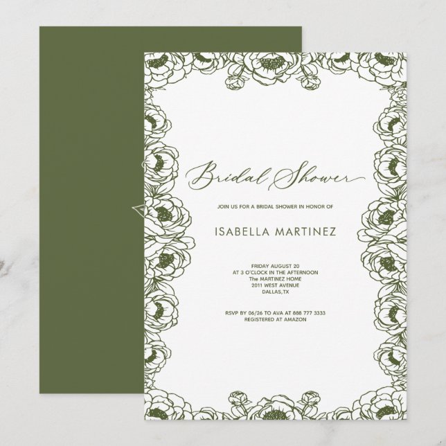Invitation simple élégant vert olive floral douche de mariée (Devant / Derrière)