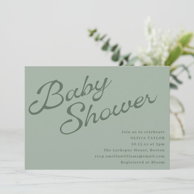 Invitation Simple Élégant Vert Sauge Écriture Baby Shower (Debout devant)