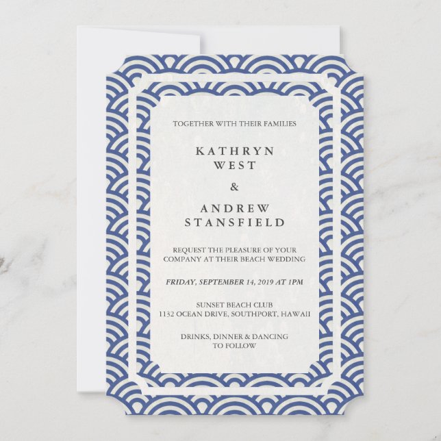 Invitation Simple élégante Bleu foncé + Blanc Plage Mariage (Devant)