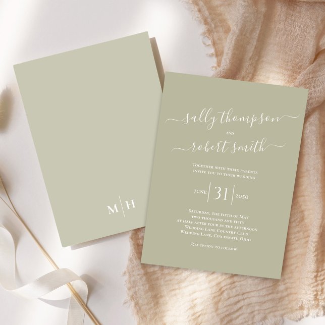 Invitation Simple élégante calligraphie Script Sage Green (Elegant and simple sage green wedding invitation with stylish script.)