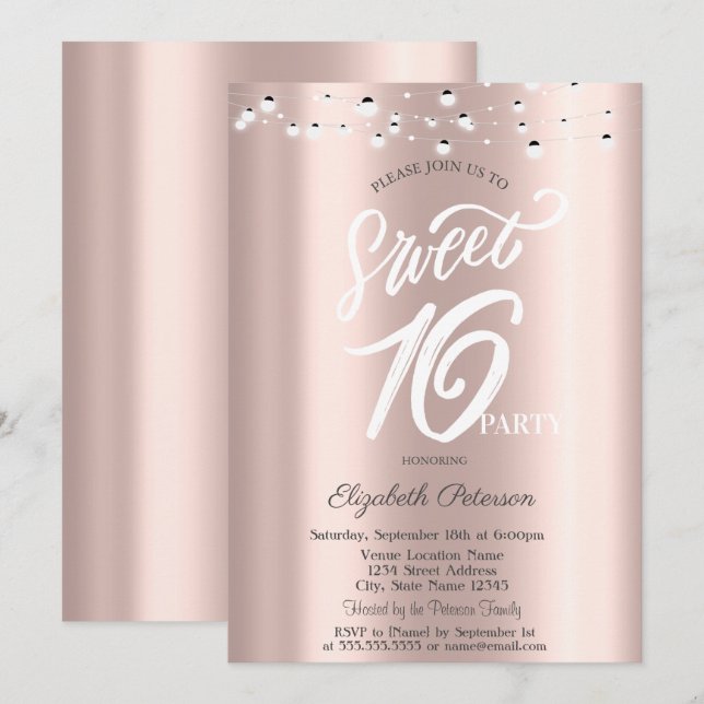 Invitation Simple élégante String Lights Rose Gold Sweet 16 (Devant / Derrière)