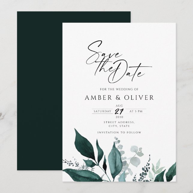 Invitation Simple Emerald Green Sauvez La Date (Devant / Derrière)