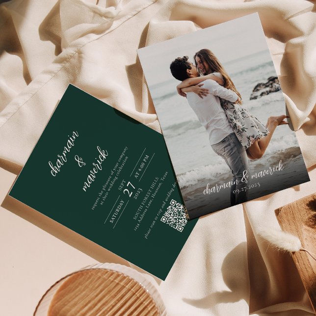 Invitation Simple Emerald Green Script Photo QR Code Mariage (Créateur téléchargé)
