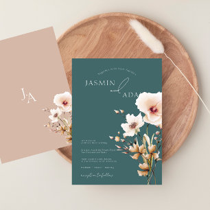 Invitation Simple Émeraude Fleurs Sauvages Roses Mariage Flor