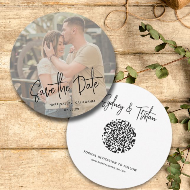 Invitation Simple Enregistrer la date Photo Round QR Code Mar (Simple Modern Rustic Wedding Photo Save the Date with Round QR Code Feature. Front and Back.)