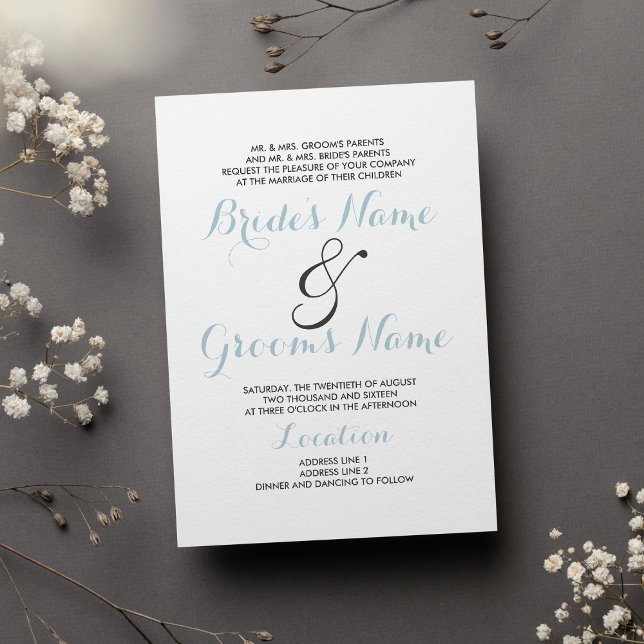 Invitation Simple et élégant blanc pastel bleu Mariage modern (Simple elegant white pastel blue modern Wedding )