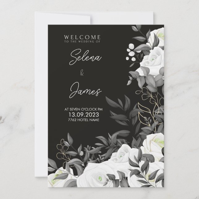 Invitation simple et élégant, mariage floral noir et blanc (Devant)