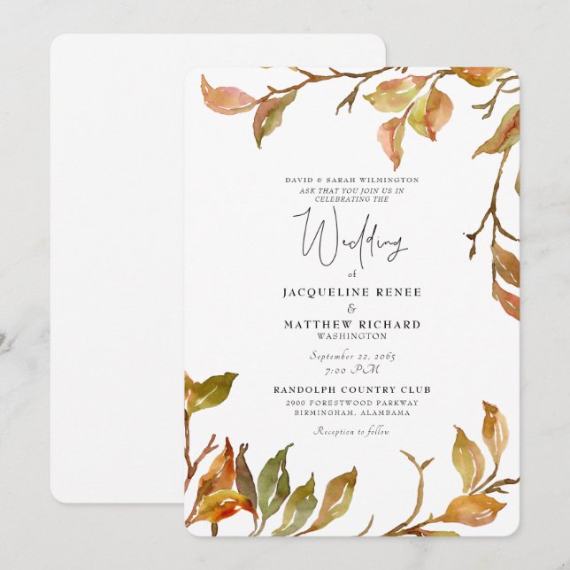 Invitation Simple et Élégant Mariage Rond aux Feuilles d'Auto (Devant / Derrière)