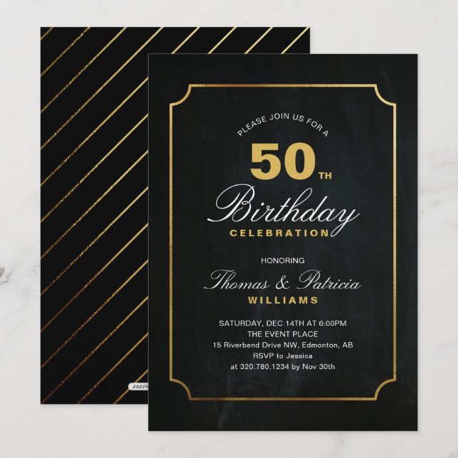 Invitation simple et élégante en or pour 50e anniv (Devant / Derrière)