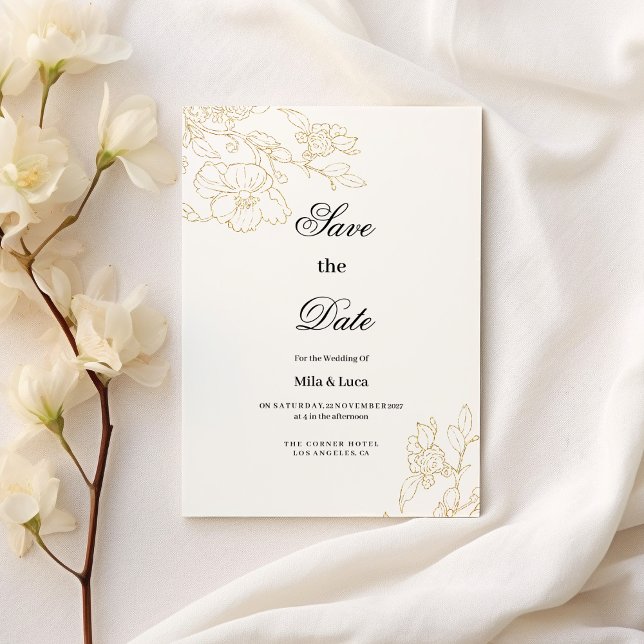 Invitation Simple et élégante florale d'or blanc Enregistrer  (Simple elegant white gold floral Save the Date )