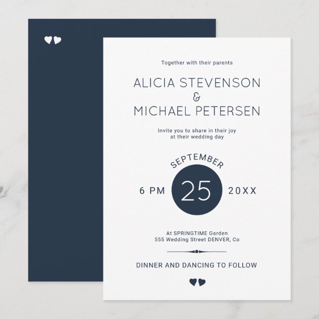 Invitation Simple et élégante marine bleu et blanc mariage (Devant / Derrière)