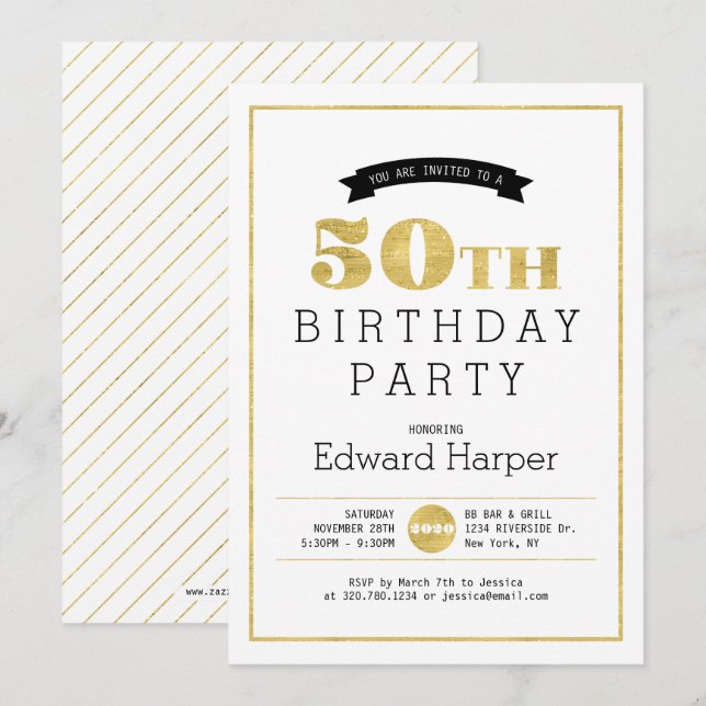 Invitation simple et moderne en or pour les 50 ans (Devant / Derrière)