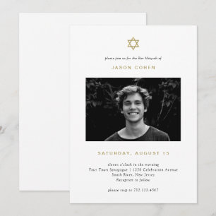 Invitation Simple étoile d'or de David   Photo Bar Mitzvah
