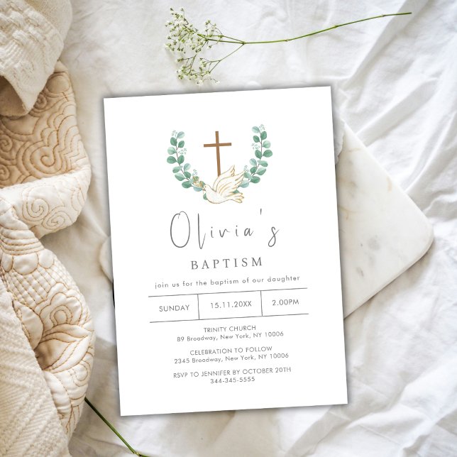 Invitation Simple Eucalyptus Bird Gold Cross Wreath Baptisme (Simple Eucalyptus Bird Gold Cross Wreath Baptism Invitation)