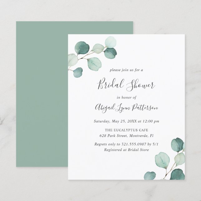 Invitation simple Eucalyptus Budget Douche nuptial (Devant / Derrière)
