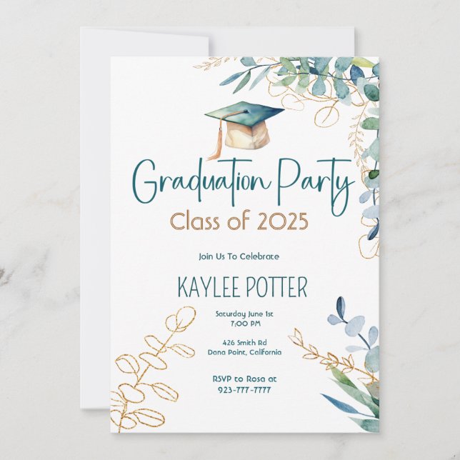 Invitation simple Eucalyptus et Gold Graduation Pa (Devant)