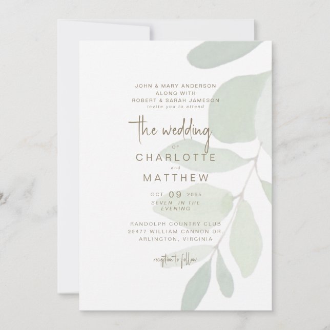 Invitation Simple Eucalyptus Les deux parents Gold Texte Mari (Devant)