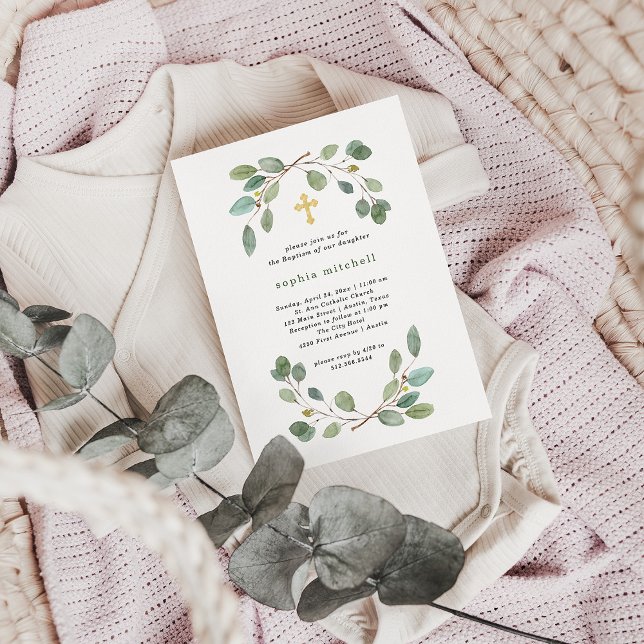 Invitation Simple Eucalyptus Verdure et Croix d'or Baptême (Créateur téléchargé)