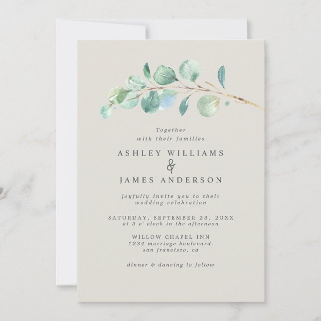 Invitation Simple Eucalyptus vert Folift Mariage gris clair (Devant)