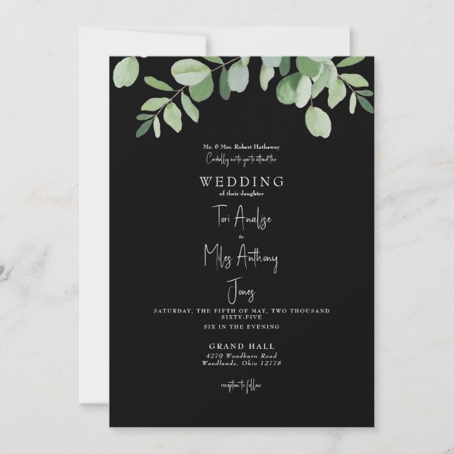 Invitation Simple Eucalyptus Vert Mariage noir (Devant)