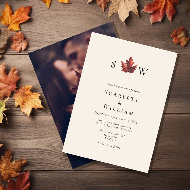 Invitation Simple Fall Leaf Cream Monogram Mariage photo (Créateur téléchargé)