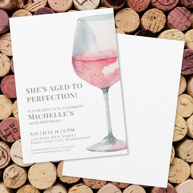 Invitation Simple Fête d'anniversaire 60 ans Vin Rose (Wine Simple Sixty 60th Birthday Party Invitation )
