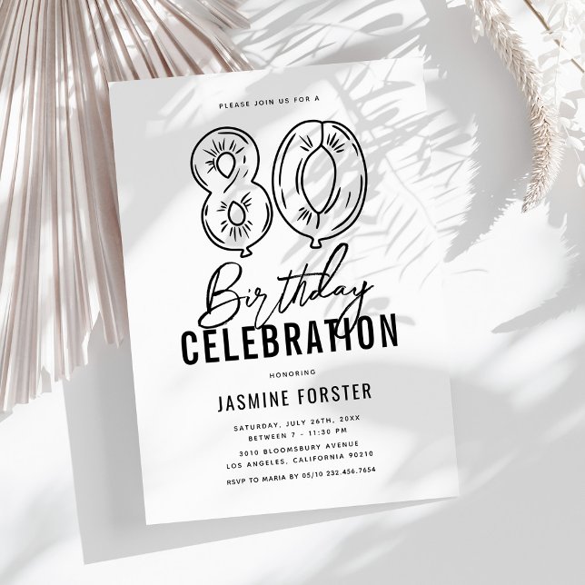 Invitation Simple Fête d'anniversaire 80 ans Noir & Blanc (Créateur téléchargé)