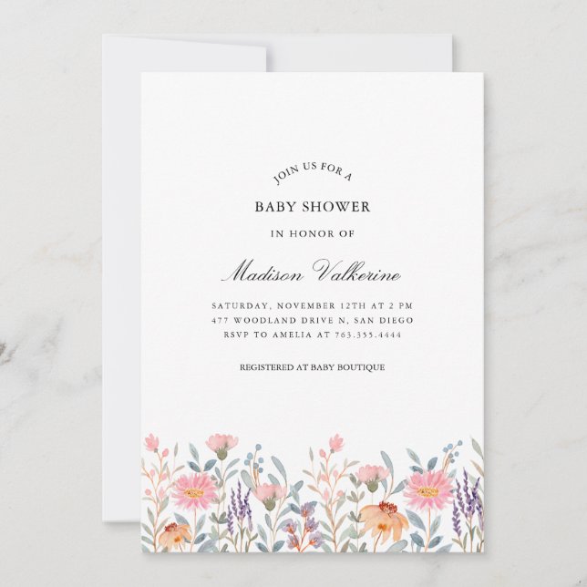 Invitation Simple Fête de Bébé Jardin Floral Aquarelle (Devant)