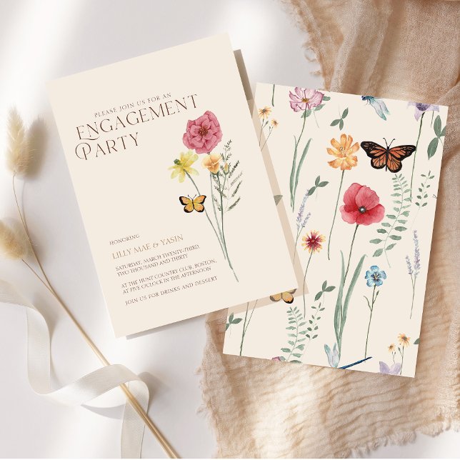 Invitation Simple Fête de Fiançailles aux Fleurs Sauvages Ros (Simple Pink Yellow Wildflower Engagement Party Invitation)