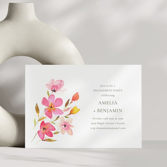 Invitation Simple Fête de Fiançailles Florale Aquarelle Rose (Créateur téléchargé)