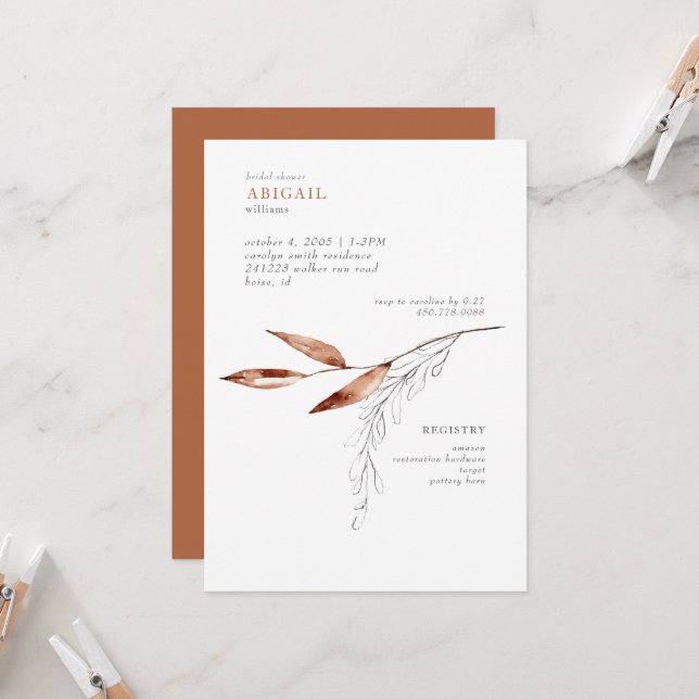 Invitation Simple Fête de Mariage Moderne à Foliage en Terrac (Devant/Arrière en situation)